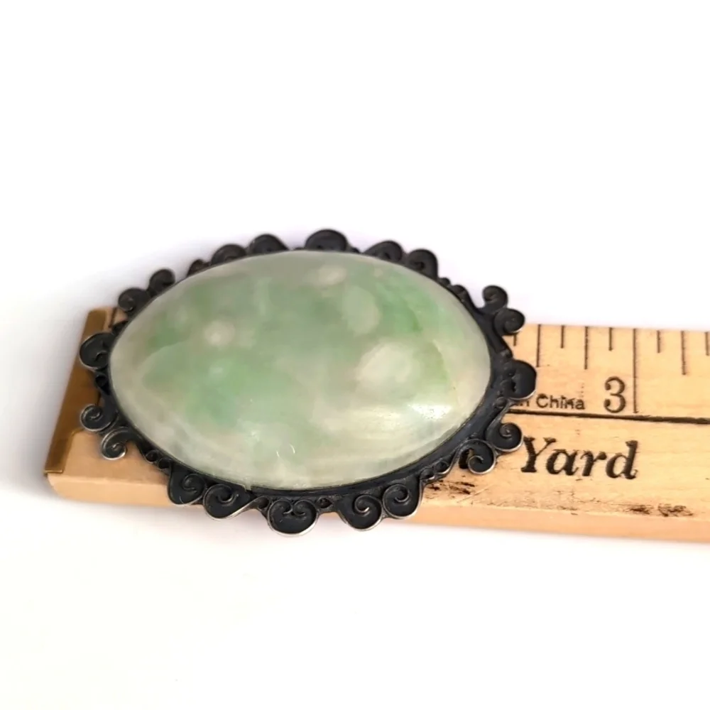 Vintage Sterling Silver Oval Cabochon Green Stone Agate ? Brooch Pin - Mexico - Picture 9 of 11